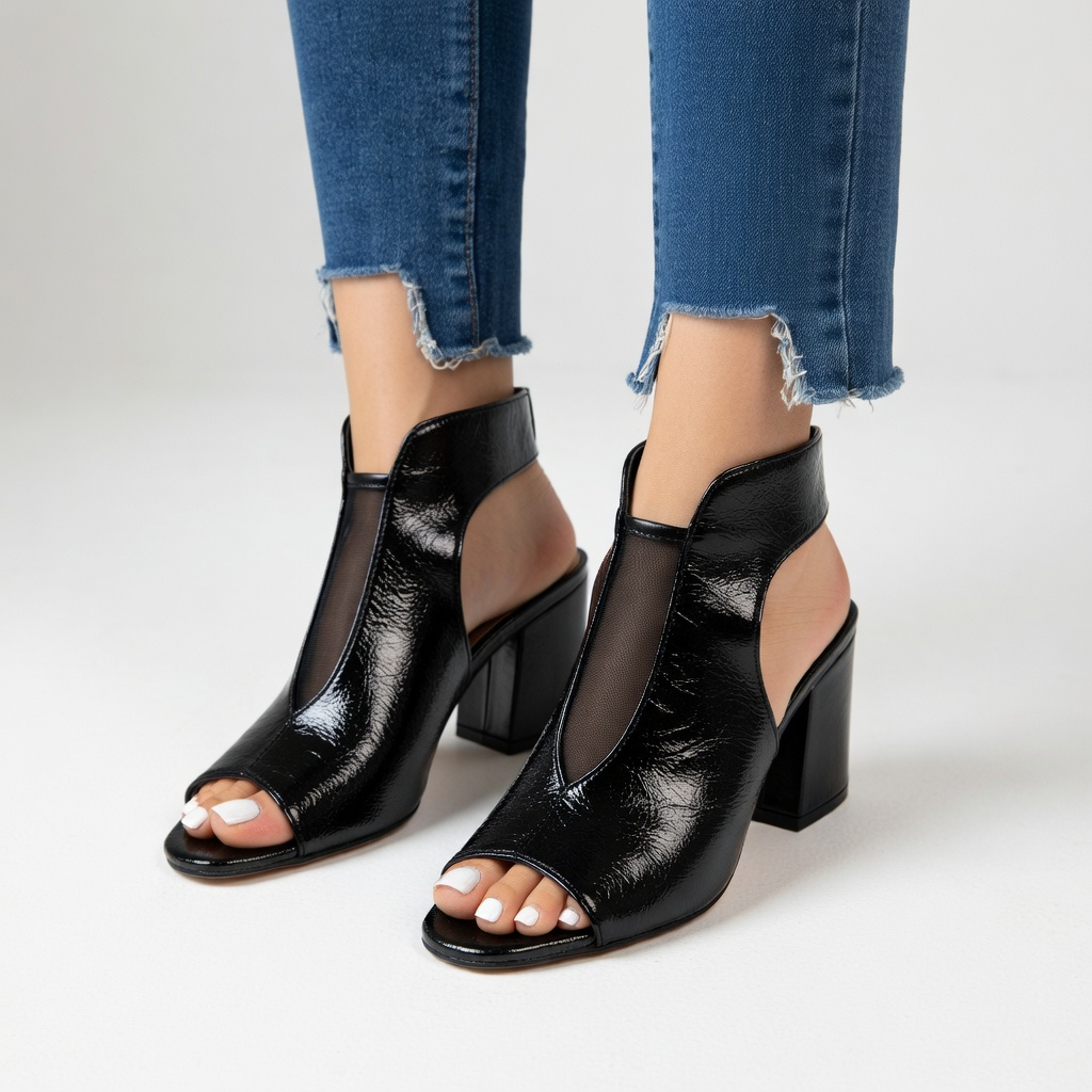 Arabelle - Sandale bout ouvert talon bloc 8 cm résille noire élégance urbaine