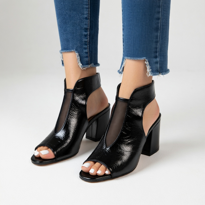 Arabelle - Sandale bout ouvert talon bloc 8 cm résille noire élégance urbaine
