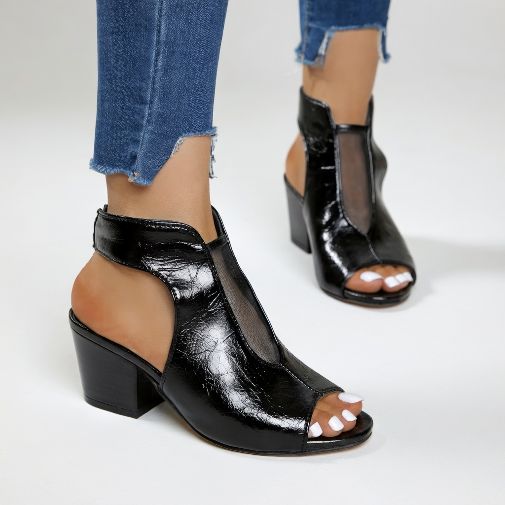 Arabelle - Sandale bout ouvert talon bloc 8 cm résille noire élégance urbaine