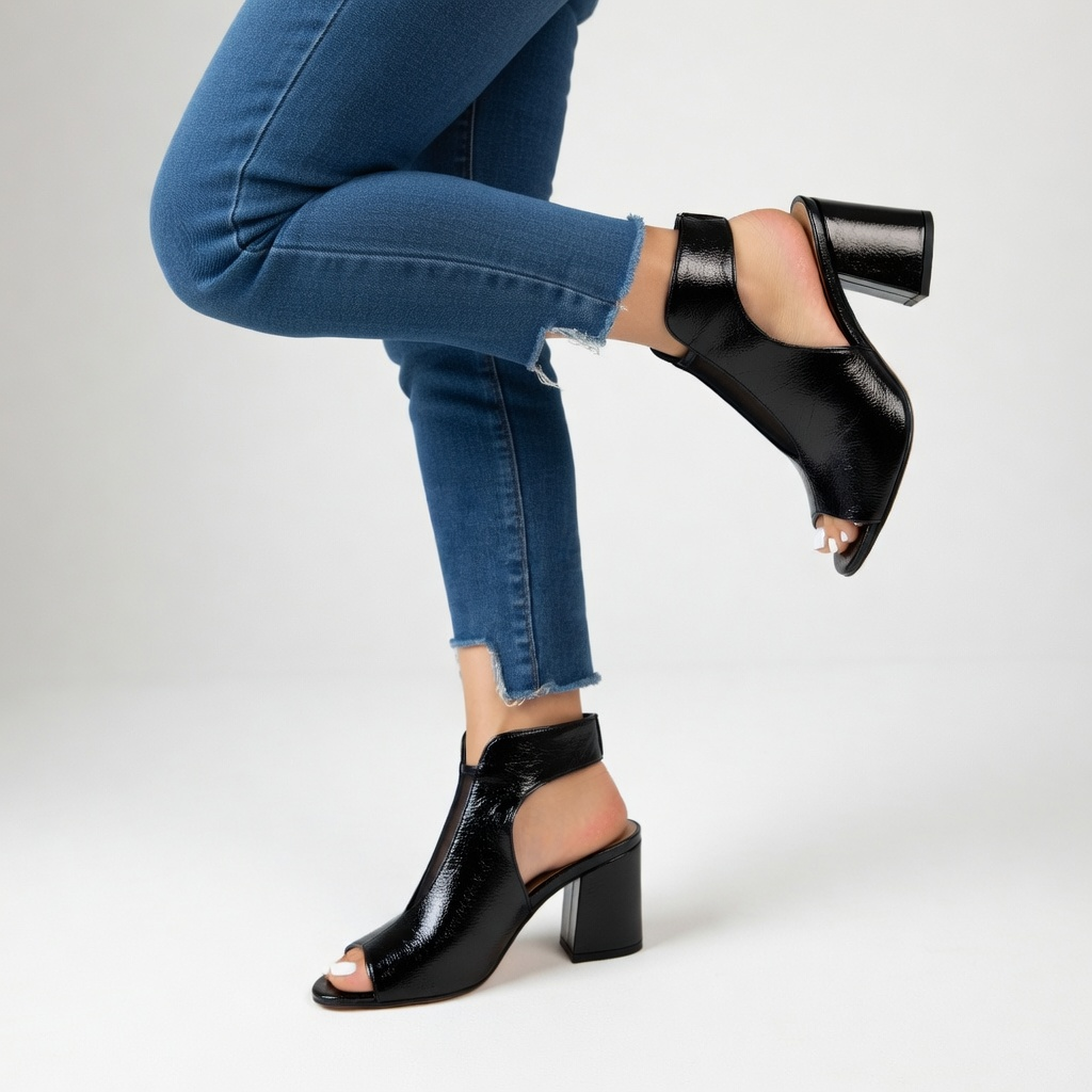 Arabelle - Sandale bout ouvert talon bloc 8 cm résille noire élégance urbaine