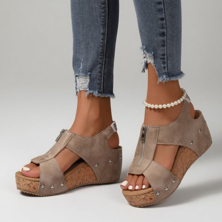 Philomène - Sandale compensée rivet style bohème naturel