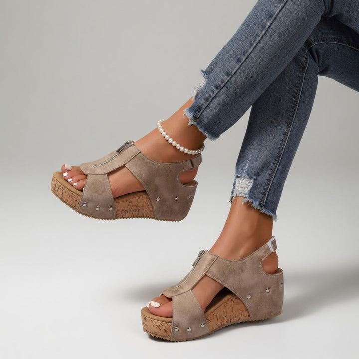 Philomène - Sandale compensée rivet style bohème naturel