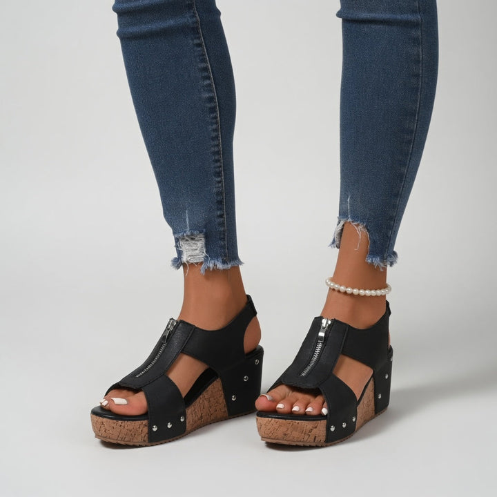 Philomène - Sandale compensée rivet style bohème naturel