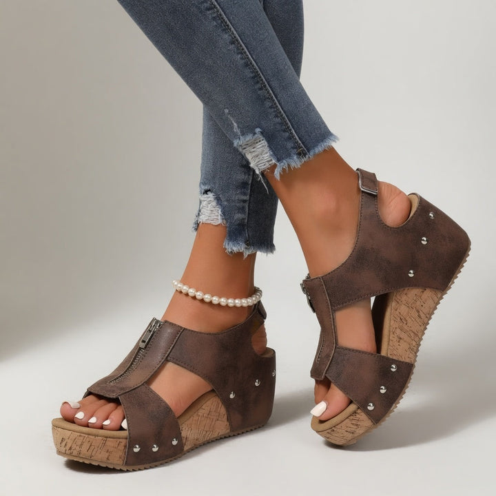 Philomène - Sandale compensée rivet style bohème naturel