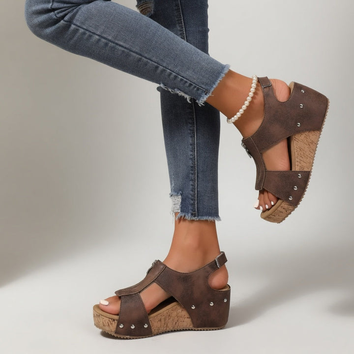 Philomène - Sandale compensée rivet style bohème naturel