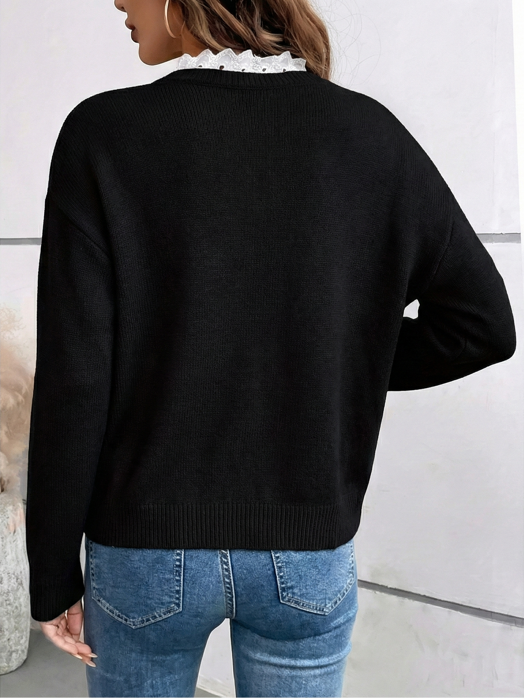 Céline - Pull Chic en Tricot avec Col en Dentelle Élégant