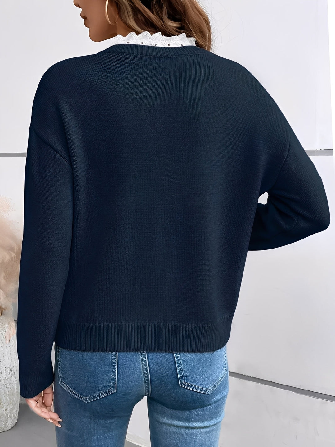 Céline - Pull Chic en Tricot avec Col en Dentelle Élégant